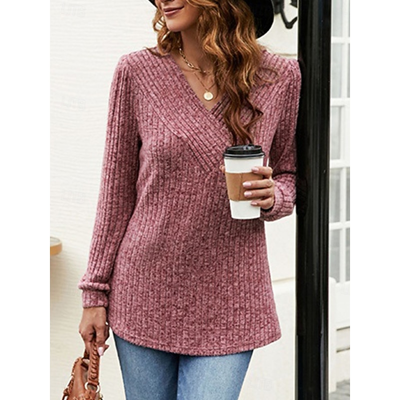 Women's Sweater Pullover Sweater Jumper Casual Soft Pure Color Ribbed V Neck Knitted Long Sleeve Regular Tops Knit Outdoor Daily Weekend Black Fuchsia Fall Winter4
