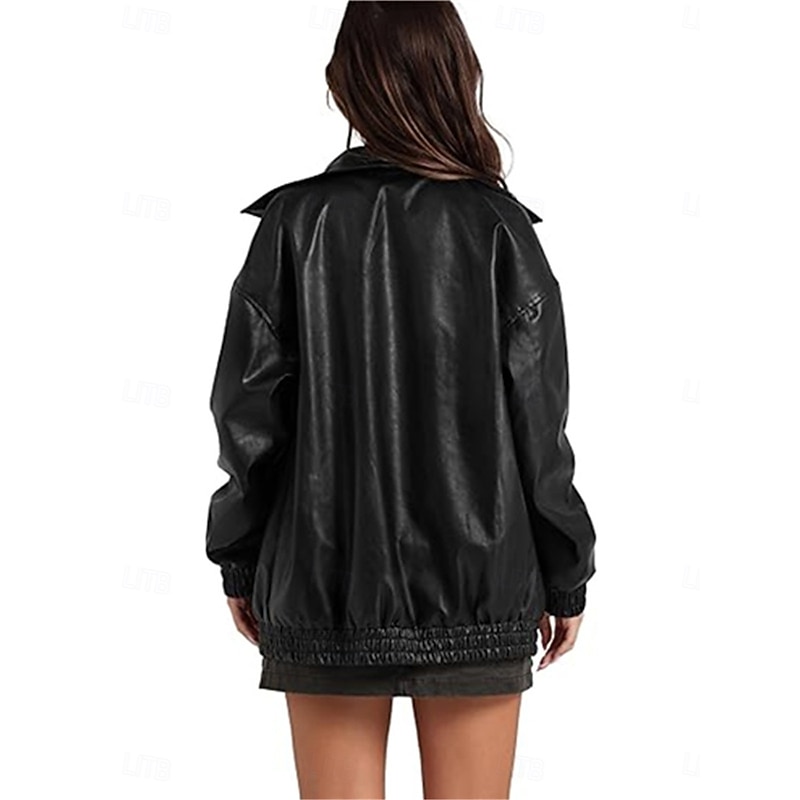 Women's Faux Leather Jacket Casual Jacket Outdoor Street Daily Wear Fall Winter Regular Coat Regular Fit Thermal Warm Breathable Stylish Casual Jacket Long Sleeve Plain with Pockets Full Zip Black2