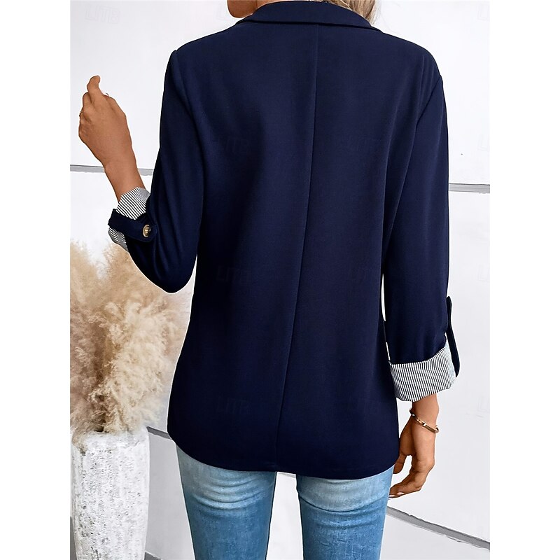 Women's Blazer Work Button Solid Color Breathable OL Style Regular Fit Outerwear Long Sleeve Fall Blue S2