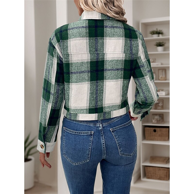 Women's Casual Jacket Outdoor Street Daily Wear Fall Winter Short Coat Regular Fit Thermal Warm Breathable Stylish Casual Jacket Long Sleeve Stripes and Plaid with Pockets Print Green2