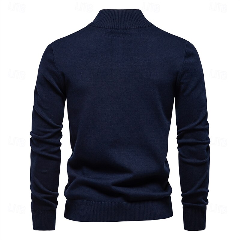 Men's Knit Striped Half Zip Knitwear Elegant Christmas Gifts Home Clothing Apparel Bishop Sleeve Fall Winter Navy Blue Dark Green S M L2