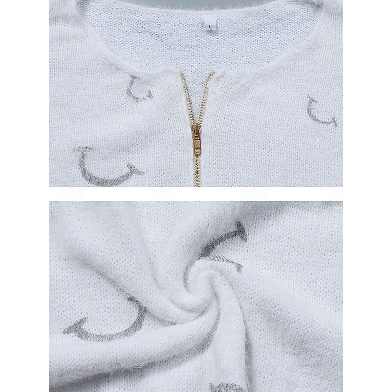Women's  Sweater Pullover Fuzzy Jumper Crew Neck Ribbed Knit Zipper Knitted Print Fall Winter Daily Weekend Casual Soft Long Sleeve Graphic White2
