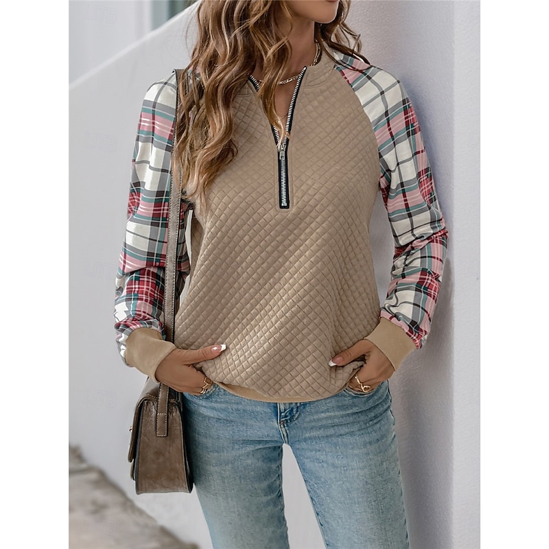 Women's Sweatshirt Casual Plaid Street Dailywear Crew Neck Zipper Print Long Sleeve Khaki Fall Winter