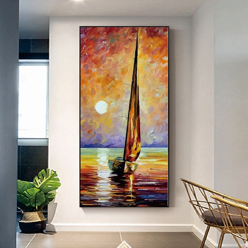 Sailboat Oil painting handmade Abstract Sailboat Canvas Art paintings handmade Nautical Oil Painting Large Sailing Ship paintings Wall Art Modern Seascape Painting for Bedroom office decoration