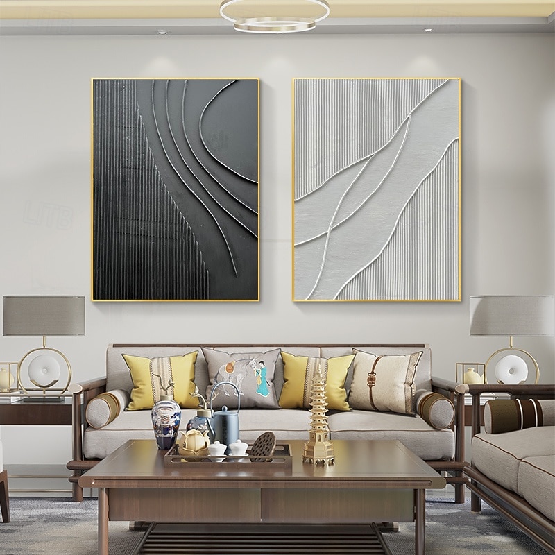 Black White Modern Minimalist Wall Art Modern Minimalist Art Black 3D Texture Painting Abstract Painting Home Wall Decor Stretched Frame Ready to Hang3