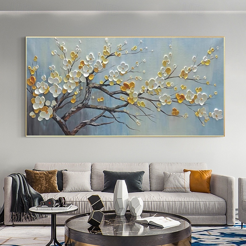 Handpaint 3D Flower Oil Painting On Canvas White Cherry Flower Large Wall Art Palette Knife PaintingTextured Acrylic Painting Handmade Art No Frame3