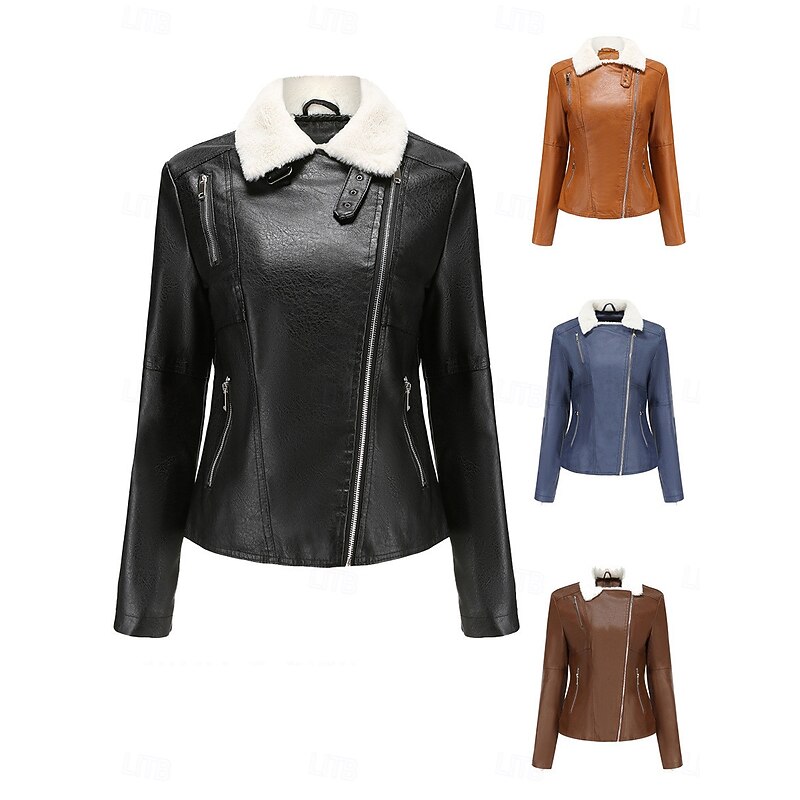Women's Faux Leather Jacket Fleece Jacket Warm Breathable Zipper Pocket Fleece Lined Casual Plain Vacation Street Daily Wear Going out Zipper Short Turndown Regular Fit Long Sleeve Outerwear Black