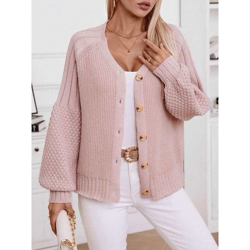 Women's Cardigan Daily Casual Pure Color V Neck Buttons Lantern Sleeve Long Sleeve Regular Tops Knit Formal Home Daily Pink Brown Fall Winter4