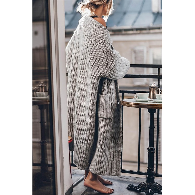 Women's Oversized Cardigan Chunky Cardigan Streetwear Daily Casual Solid Color Open Front Knitted Long Sleeve Long Tops Knit Work Black Gray Fall Winter3