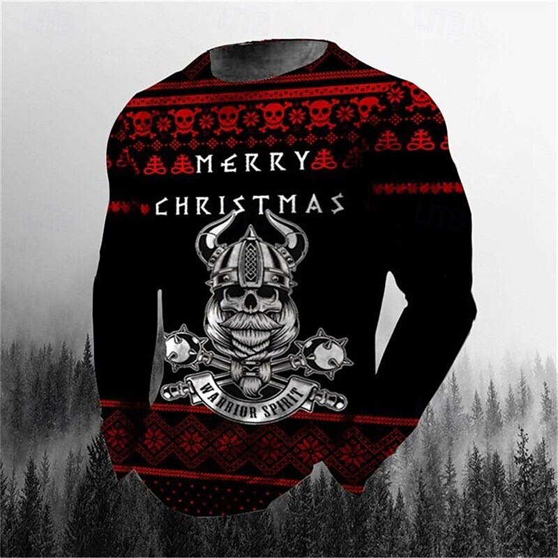 Men's Skull Graphic Prints T Shirt Long Sleeve Shirt Crew Neck Christmas Daily 3D Print Green / Red Black Red Print Clothing Apparel Streetwear Designer Basic Casual2