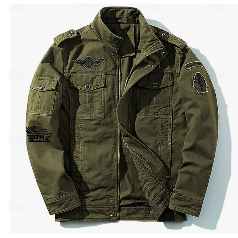 Men's Cotton Embroidered Military Jacket Cargo Jacket with Shoulder Straps Long Sleeve Standing Collar Multi-Pockets Coat Trucker Jacket Bat Print Tactical Outerwear3