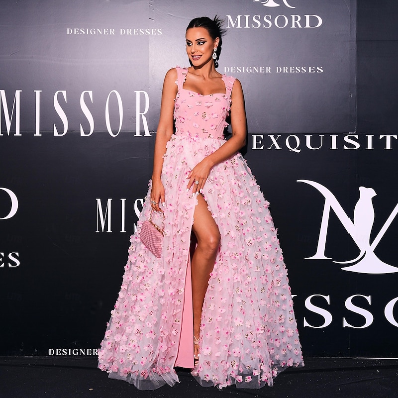 Floral A-Line Prom Dresses Vintage Dress Formal Floor Length Sleeveless Square Neck Tulle with Slit Appliques2