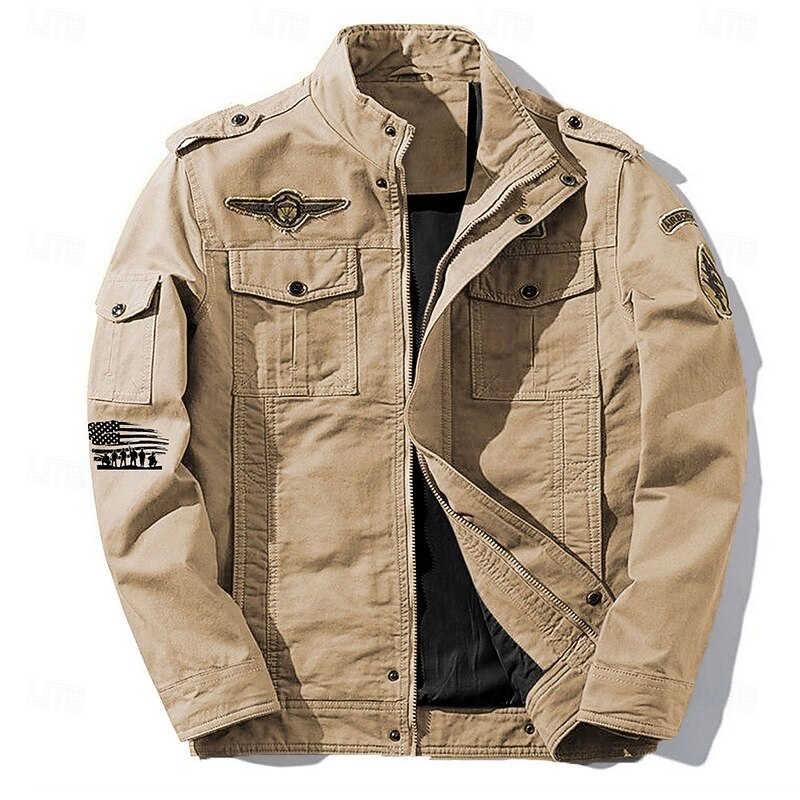 Men's Cotton Embroidered Military Jacket Cargo Jacket with Shoulder Straps Long Sleeve Standing Collar Multi-Pockets Coat Trucker Jacket Bat Print Tactical Outerwear - Main Image