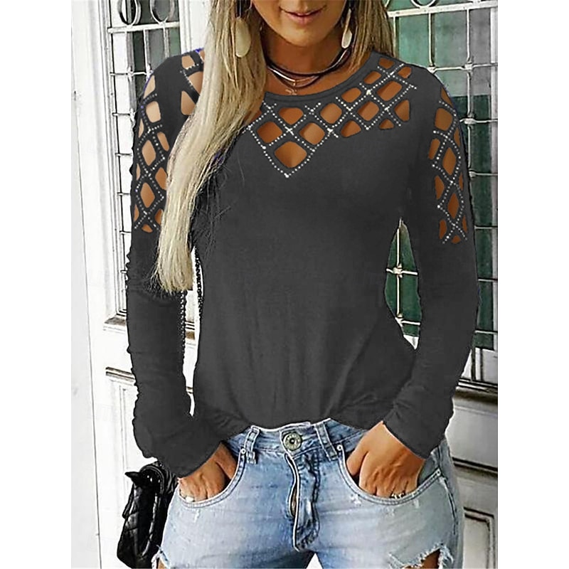 Women's T Shirt Plain Fashion Modern Casual Long Sleeve Crew Neck Regular Tops Daily Weekend Patchwork Cut Out Black Wine Gray Fall2
