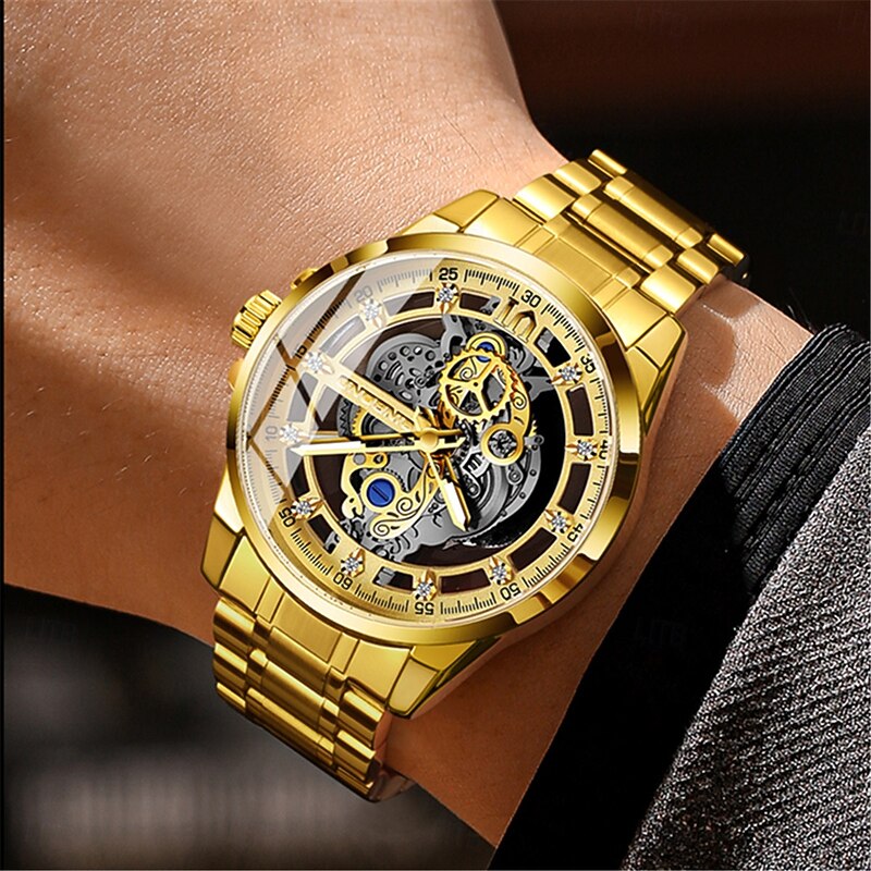 BINBOND Men Quartz Watch Luxury Large Dial Fashion Business Luminous Waterproof Leather Stainless Steel Strap Watch B5053