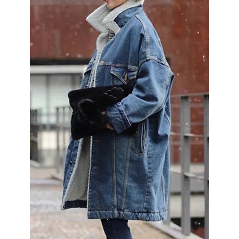 Women's Fleece Jacket Teddy Coat Denim Jacket Warm Breathable Pocket Fleece Lined Casual Plain Vacation Street Daily Wear Going out Single Breasted Long Turndown Regular Fit Long Sleeve Outerwear Blue