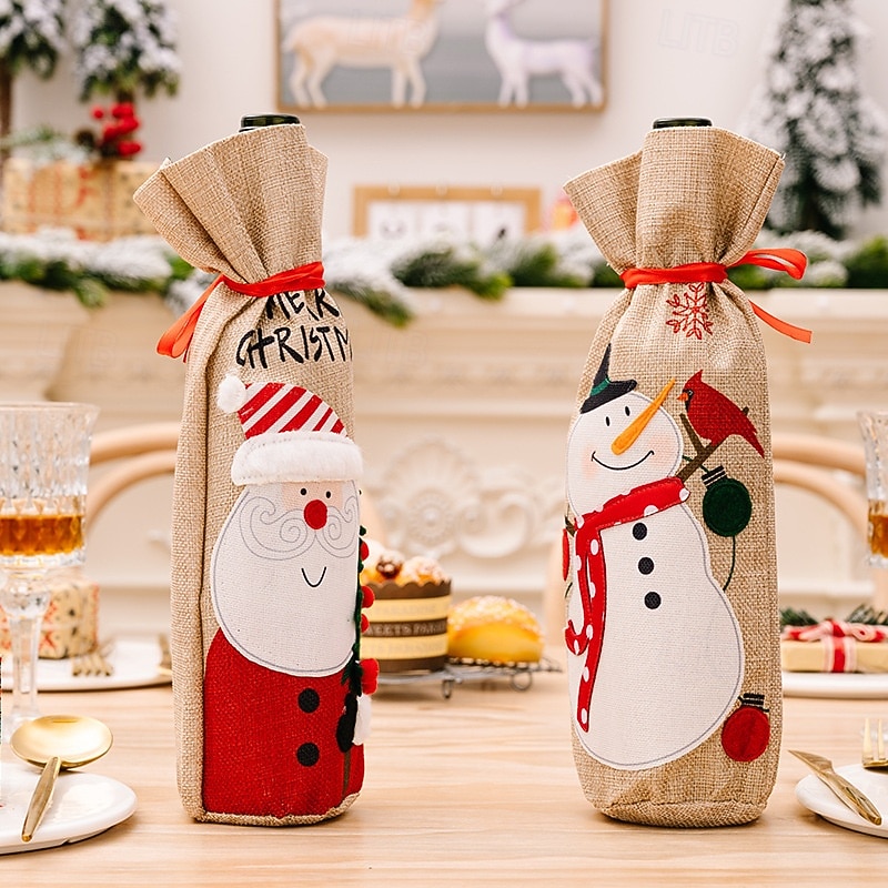 Christmas Wine Bottle Covers, Burlap Santa & Snowman Wine Bags, Cartoon Drawstring Wine Bottle Sack Decoration for Holiday Party2