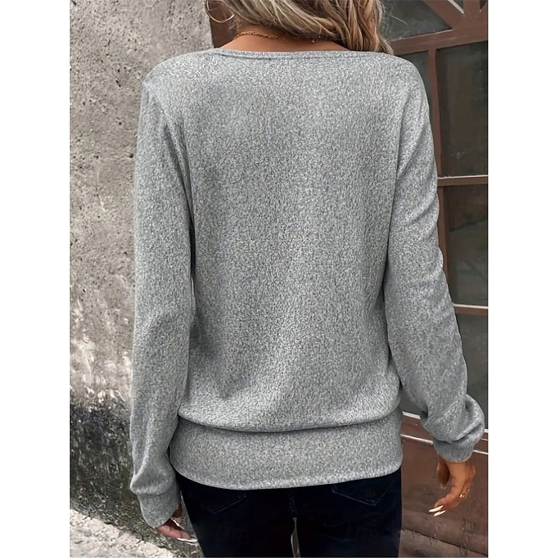 Women's Shirt Blouse Solid Color Basic Casual Long Sleeve Crew Neck Regular Tops Daily Patchwork Buttons Silver Black Fall Winter2