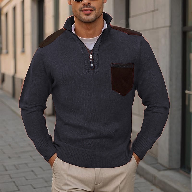 Men's Sweater Chunky Knit Pocket Half Zip Solid Color Stand Collar Elegant Vintage Formal Home Clothing Apparel Bishop Sleeve Fall Winter Red Navy Blue S M L2