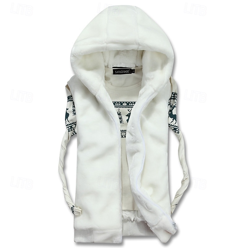 Men's Fleece Vest Hoodie Vest Vest Faux Fur Daily Date Vacation Fashion Casual Fall & Winter Pocket Polyester Warm Comfortable Solid Color Zipper Hooded Regular Fit Black White Light Grey Coffee Vest2