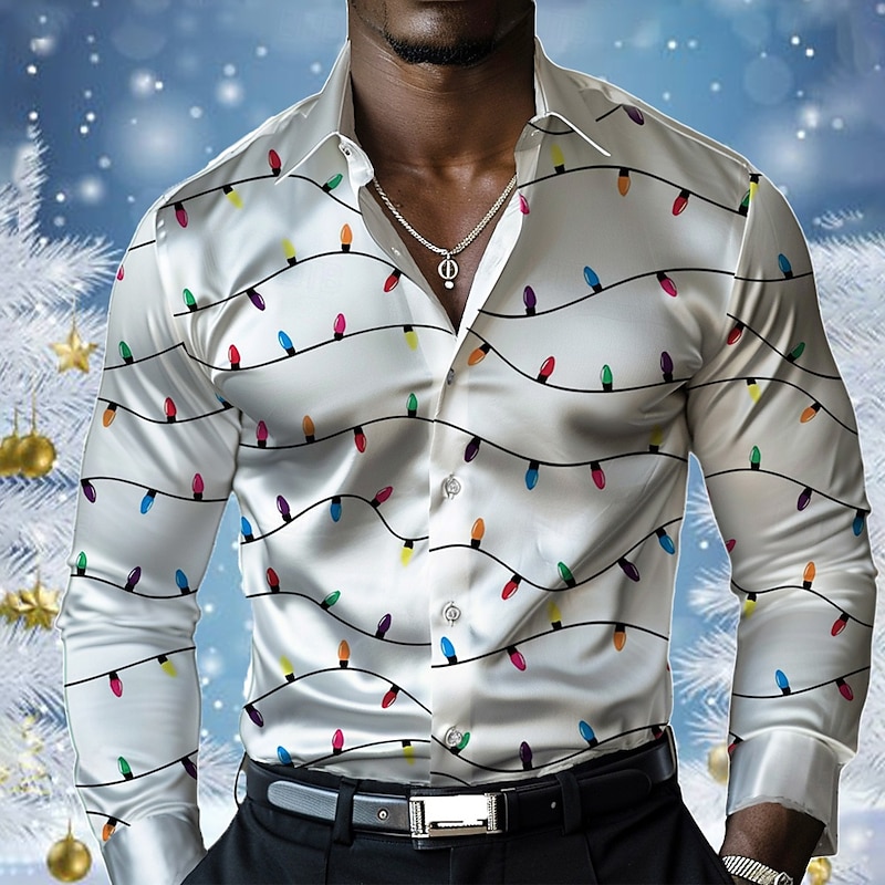 Christmas Men's Lanterns Christmas Light Shirt Dress Shirt Button Up Shirt Long Sleeve Casual Vacation Party Evening Wear Dailywear Summer Spring Fall Collared Shirts 3D Print White