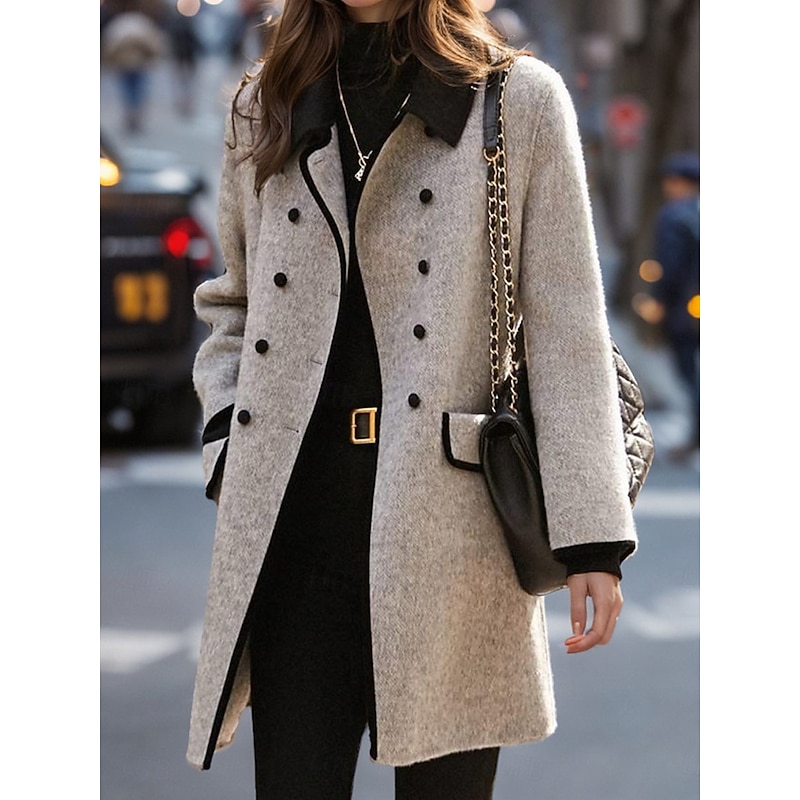 Women's Coat Outdoor Street Daily Wear Fall Winter Long Coat Regular Fit Thermal Warm Breathable Stylish Casual Jacket Long Sleeve Plain Stripes and Plaid with Pockets Gray