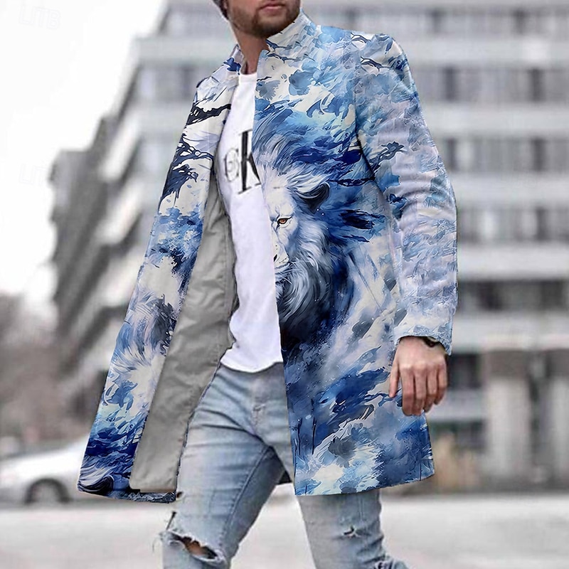 Men's Lion Winter Coat Fleece Jacket Overcoat Thermal Comfortable Artistic Casual Outdoor Party Evening Wear Daily Wear 3D Print Buttons Front Pocket Winter Turndown Long Sleeve Blue