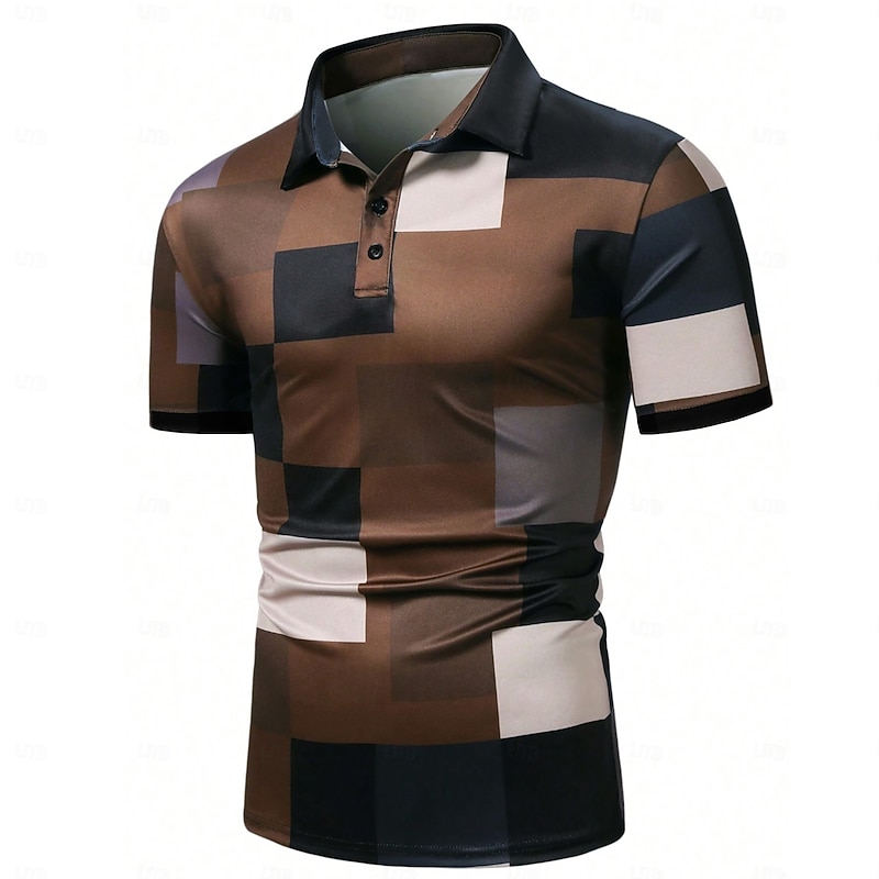 Men's Plaid Golf Shirt Short Sleeve Polo Shirts Collared Shirts Casual Vacation Wear Formal Wear Festival Wear Buttons 3D Print Summer Dark Brown Black Blue2