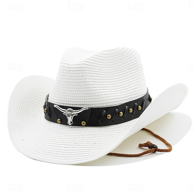 Men's Straw Hat Sun Hat Cowboy Hat Fedora Trilby Hat Black White Straw Rope Vintage Style Fashion 18th Century State of Texas Daily Theme Party Solid / Plain Color Sunscreen Cosplay2