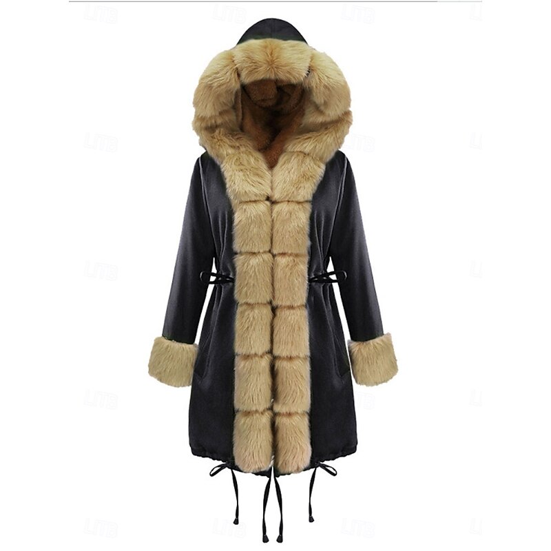 Women's Faux Fur Coat Warm Breathable Pocket Fur Collar Faux Fur Trim Fleece Lined Casual Plain Vacation Street Daily Wear Going out Open Front Long Hoodie Regular Fit Long Sleeve Outerwear Black3