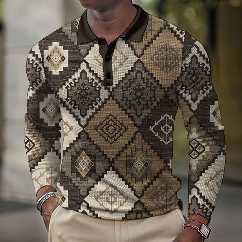 Men's Plaid Waffle Polo Shirts Golf Shirt Long Sleeve Polo Shirts Collared Shirts Vintage Casual Vacation Wear Formal Wear Festival Wear Buttons 3D Print Spring Fall Winter Dark Brown