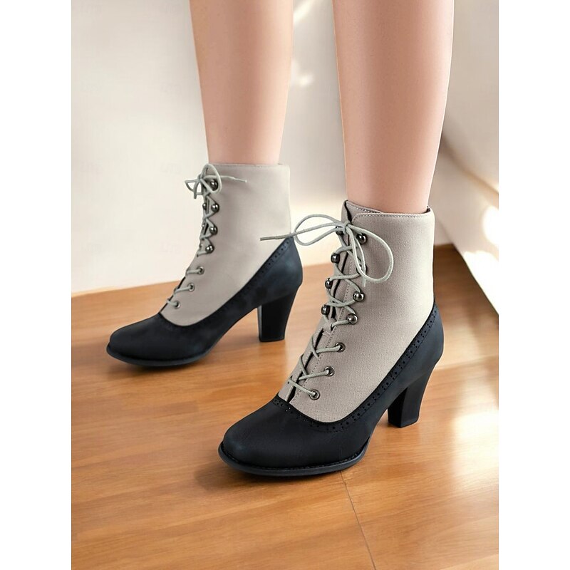 Victorian Vintage Lace-Up Ankle Boots with Heels for Women – Retro Style Faux Leather and Fabric High Heel Boots3