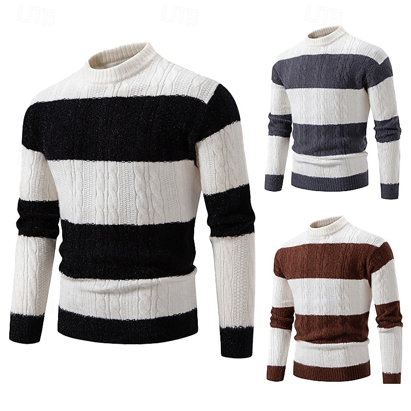 Men's Sweater Cable Chunky Knit Stripe Cable Stripe Crew Neck Christmas Elegant Formal Home Clothing Apparel Bishop Sleeve Fall Winter Black Brown M L XL2