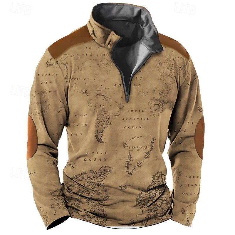 Men's Nautical Map Sweatshirts Street Style Vintage Retro Long Sleeve Quarter Zip Hunting Streetwear Blue Brown Print Spring &  Fall Designer