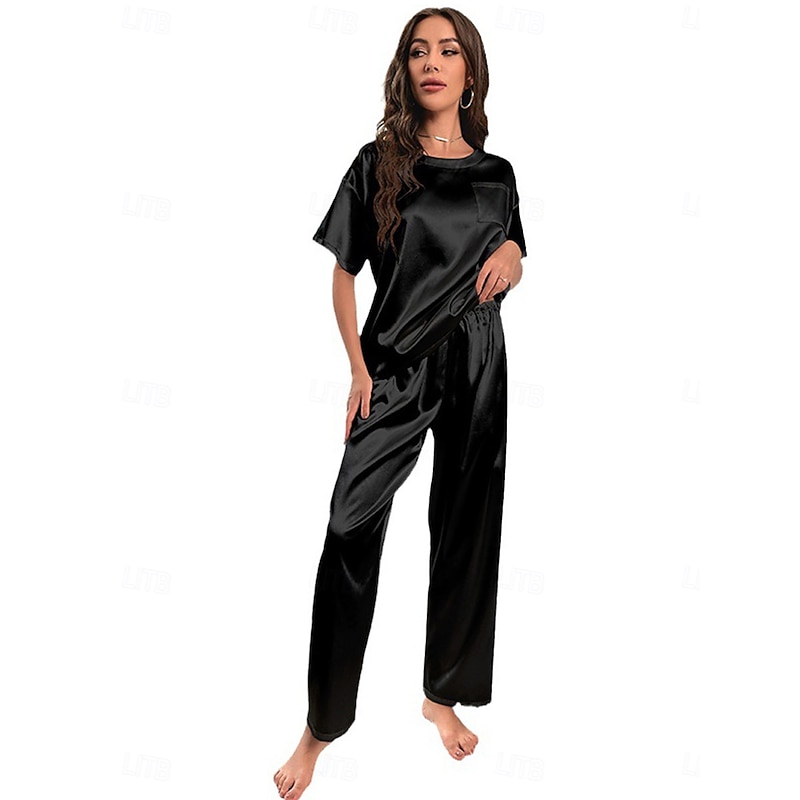 Women's Pajamas 2 Pieces Pure Color Fashion Home Breathable Crew Neck Short Sleeve T shirt Pant Summer Home Outfits3