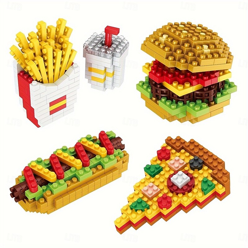 5pc Create Mini Food 3D Model Building Blocks - DIY Burger French Fries Hot Dog Pizza Puzzle Assembly Toy with Educational Festival Gifts for Christmas and Thanksgiving Day