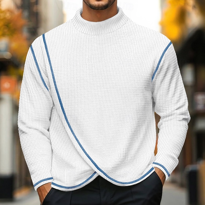 Men's Waffle Shirt Turtleneck shirt Tee Top Long Sleeve Shirt Long Sleeve Turtleneck Standing Collar Spring &  Fall Solid Color Fashion Designer Basic Wrap Vacation Street Going out White Blue Navy