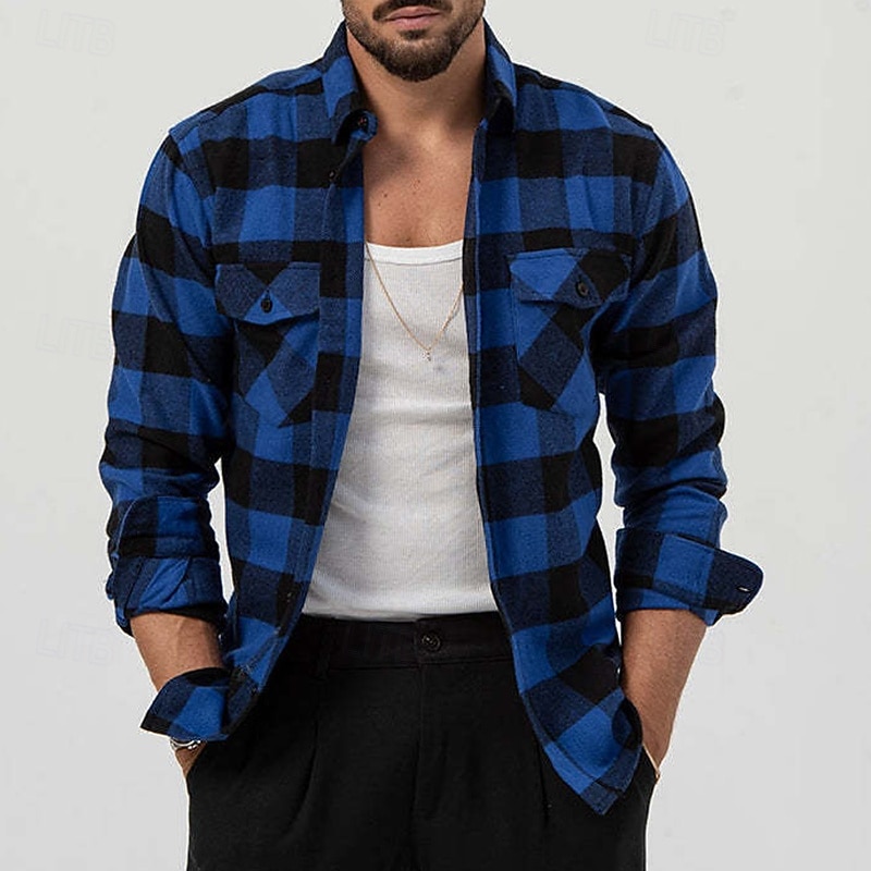 Men's Shirt Flannel Shirt Overshirt Plaid Outdoor Street Yellow Blue Long Sleeve Winter Spring &  Fall Clothing Apparel3