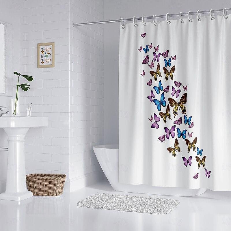 Shower Curtain with Hooks 180cm*180cm(70"*70") Polyester Washable Waterproof Pattern Bathroom Bathtub Decor Vintage Butterfly4