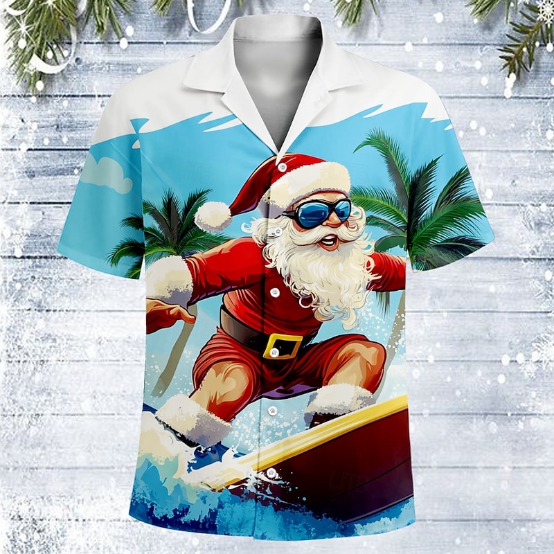 Christmas Men's Santa Claus Surfing Shirt Short Sleeve Hawaiian Casual Daily Holiday Festival Summer Cuban Collar Print Button-Down Blue