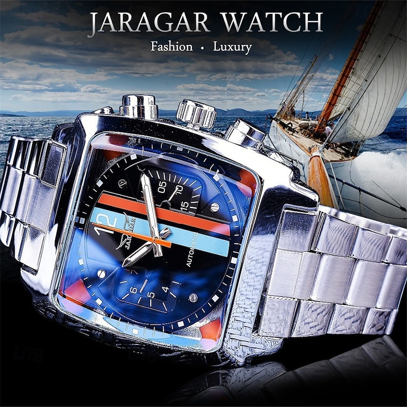 JARAGAR 569 Men Automatic Mechanical Watch Fashion Retro Design Square Dial Date Week Waterproof Steel Strap Leisure Wristwatch2