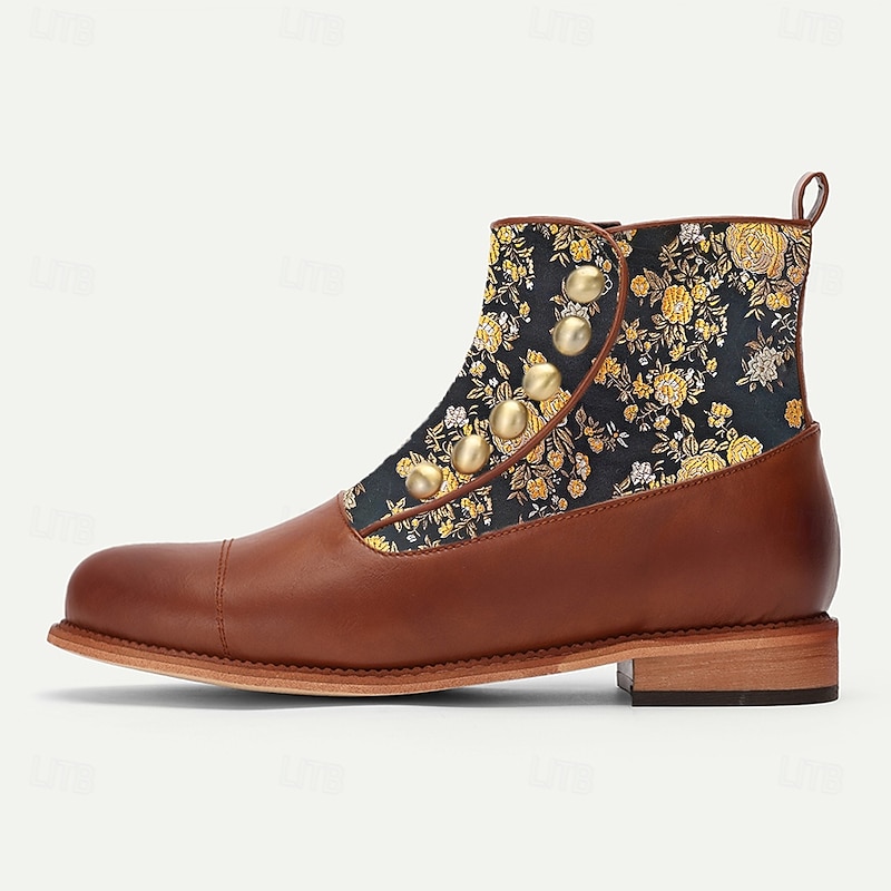 Men's Victorian Faux Leather Ankle Boots with Floral Jacquard Fabric and Gold Button Accents – Vintage-Inspired Dress Boots4