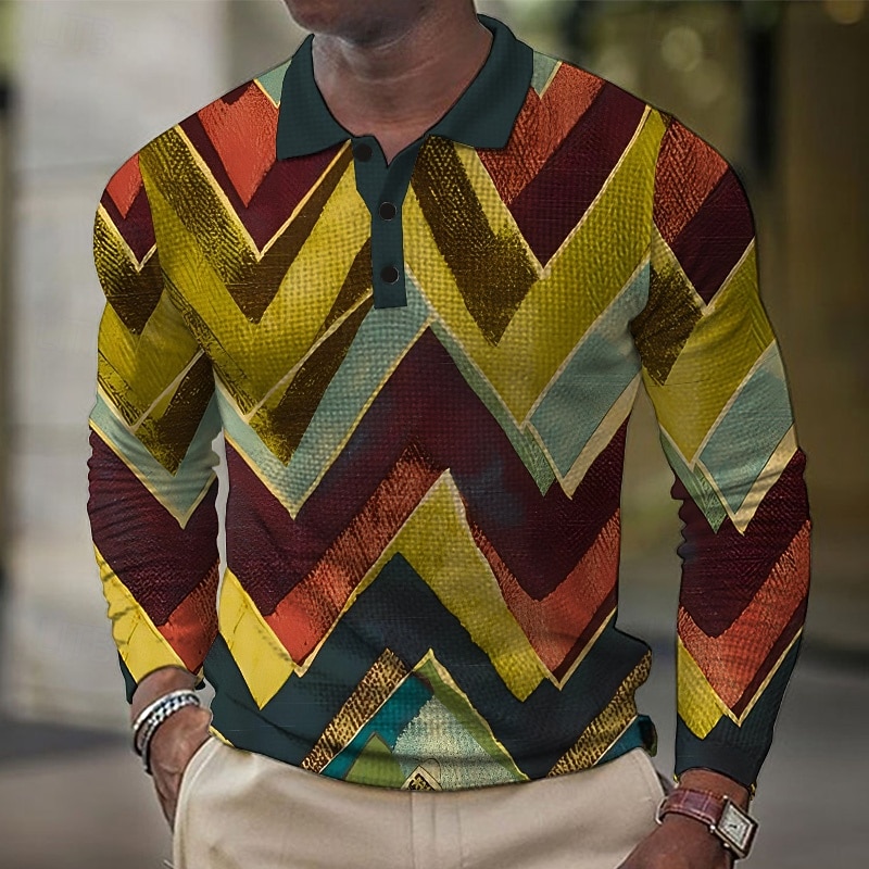 Men's Geometric Waffle Polo Shirts Long Sleeve Polo Shirts Collar Vintage Casual Vacation Party Evening Wear Dailywear Buttons 3D Print Spring Fall Winter Yellow