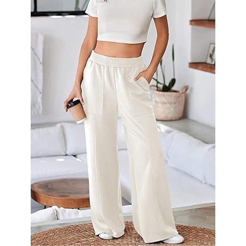 Women's Sweatpants Wide Leg Chinos Fashion Streetwear Full Length High Waist Plain Pocket Elastic Waistband Comfy Soft Comfortable Micro-elastic Outdoor Street Black White Gray Spring & Fall Regular 9