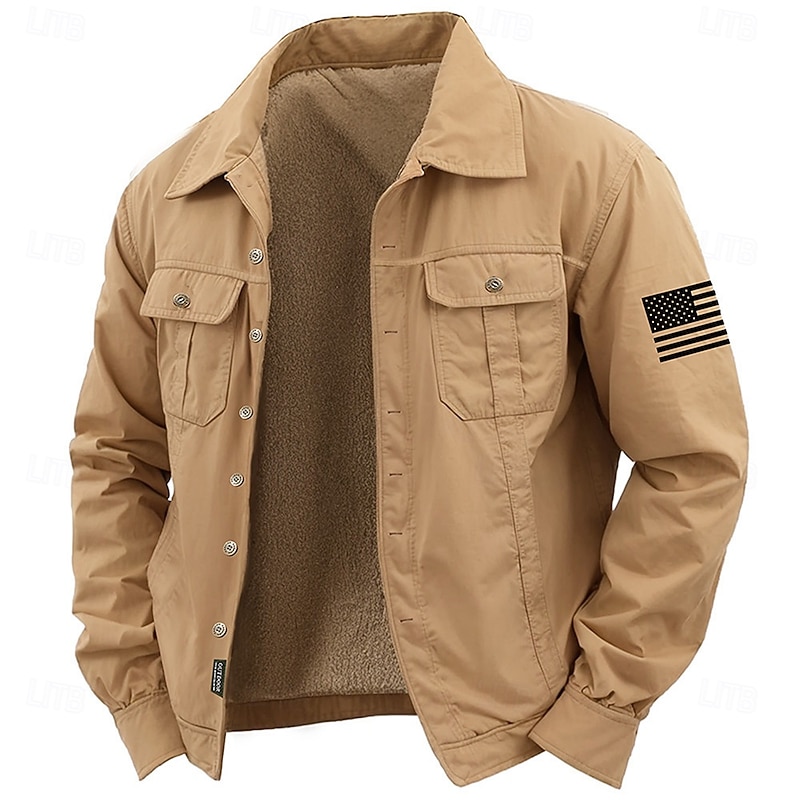 Men's American US Flag Work Shirt Western Shirt Cargo Shirt Long Sleeve Casual Sports & Outdoor Going out Fall Winter Turndown Button-Down Black Army Green Khaki2
