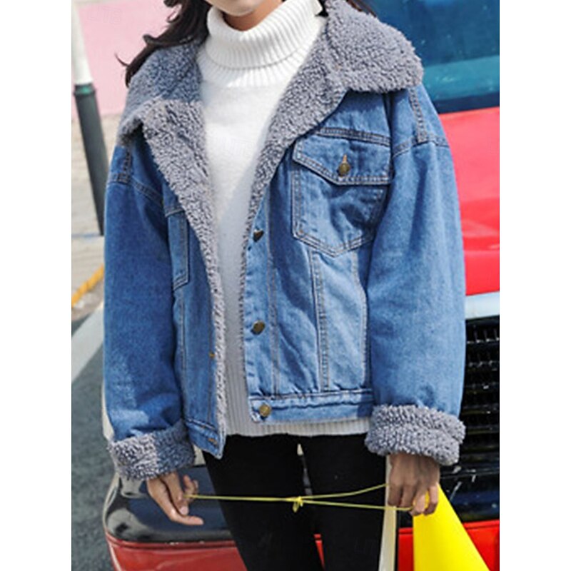 Women's Teddy Coat Hoodie Jacket Denim Jacket Warm Breathable Pocket Fleece Lined Casual Plain Vacation Street Daily Wear Going out Single Breasted Regular Turndown Regular Fit Long Sleeve Outerwear3