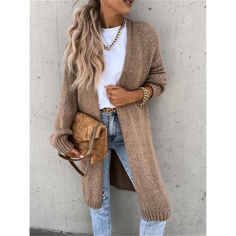 Women's Sweater Cardigan Casual Soft Pure Color Ribbed Open Front Knitted Long Sleeve Long Tops Knit Outdoor Daily Weekend Pink Green Fall Winter2