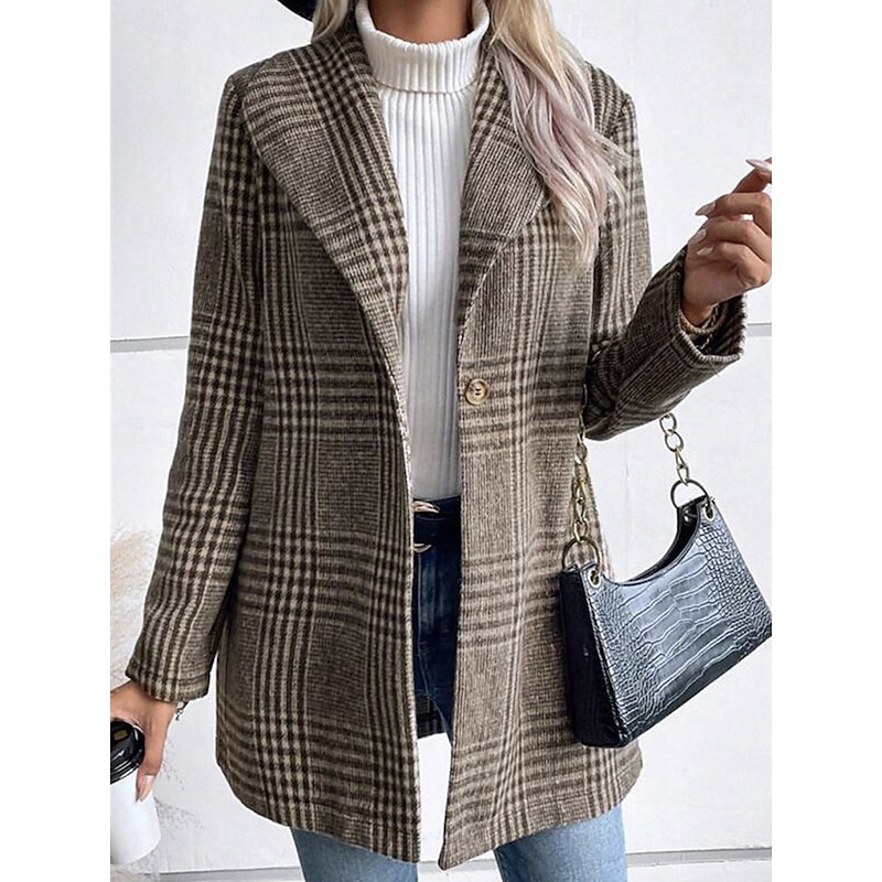 Women's Casual Jacket Outdoor Street Daily Wear Fall Winter Regular Coat Regular Fit Thermal Warm Breathable Stylish Casual Jacket Long Sleeve Stripes and Plaid with Pockets Print Red Camel Gray2