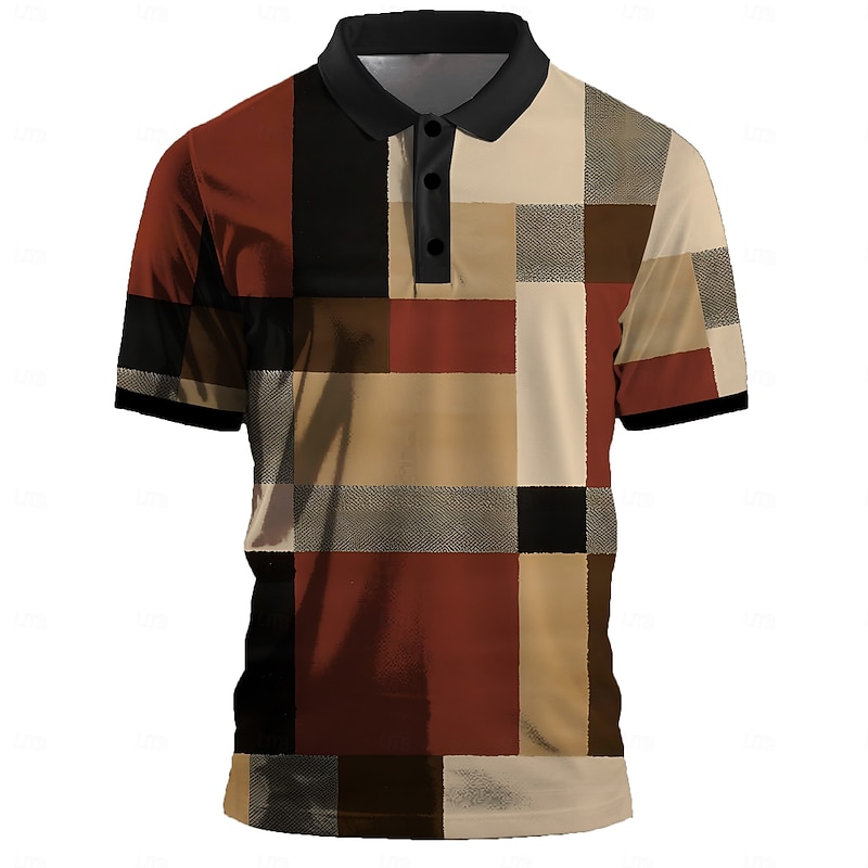 Men's Plaid Golf Shirt Short Sleeve Polo Shirts Collared Shirts Vintage Casual Vacation Wear Formal Wear Festival Wear Buttons 3D Print Summer Khaki - Main Image