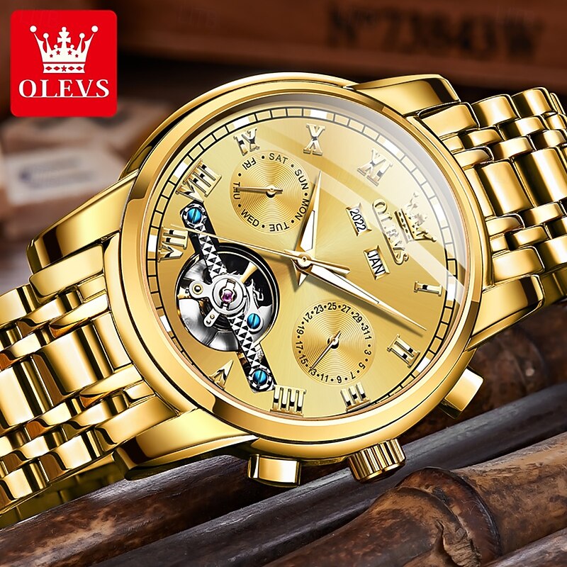 OLEVS TOP Brand Automatic Mechanical Watches Men Luxury Skeleton Flywheel Stainless Steel Waterproof Business Wristwatch 66072